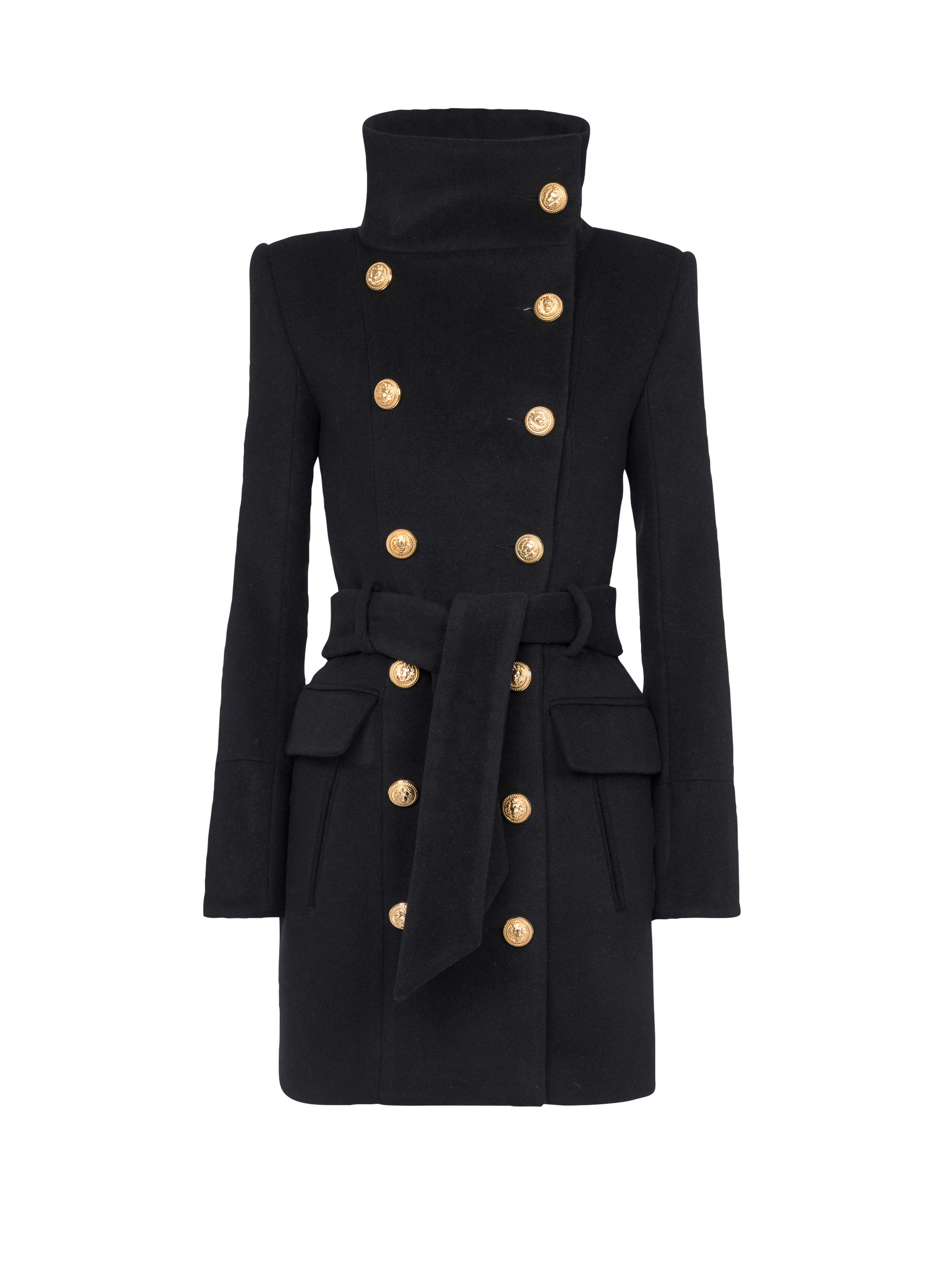 Manteau long en laine à double boutonnage doré, noir