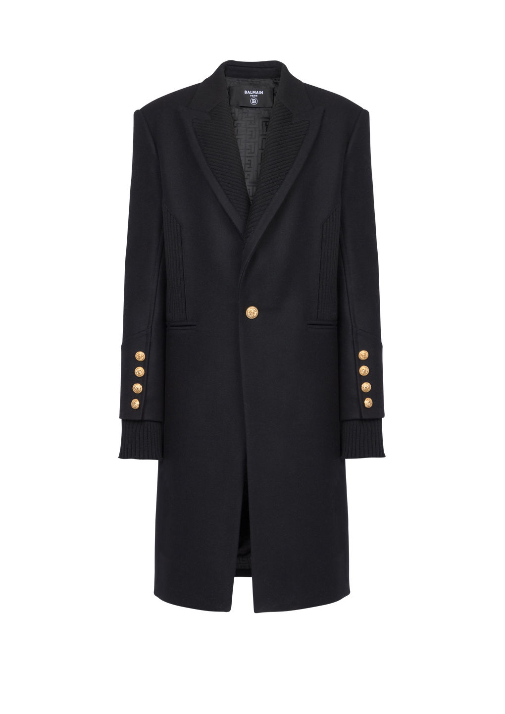 Manteau long en laine avec col et doublure à motif monogramme, noir, hi-res