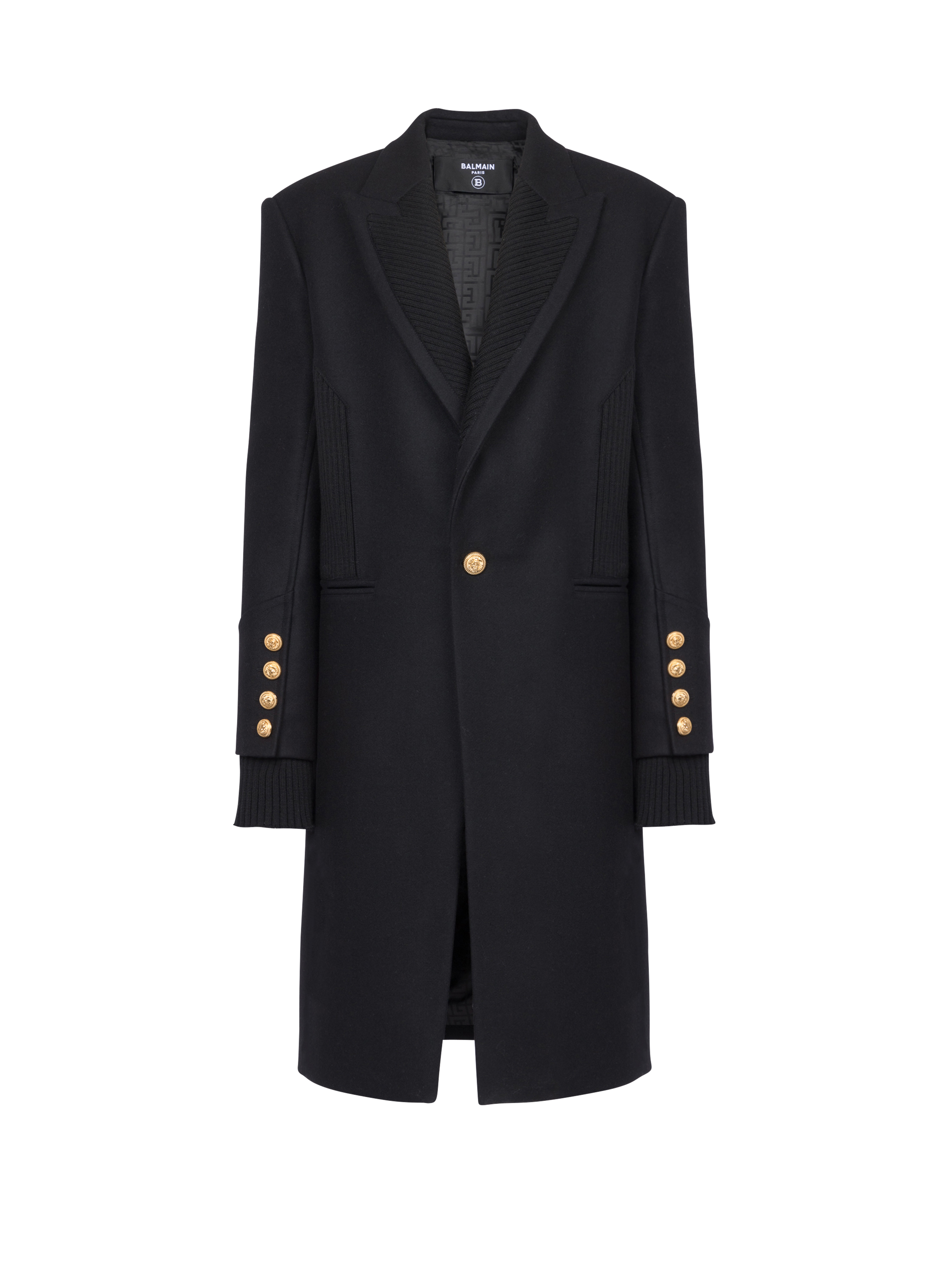 Manteau long en laine avec col et doublure à motif monogramme, noir