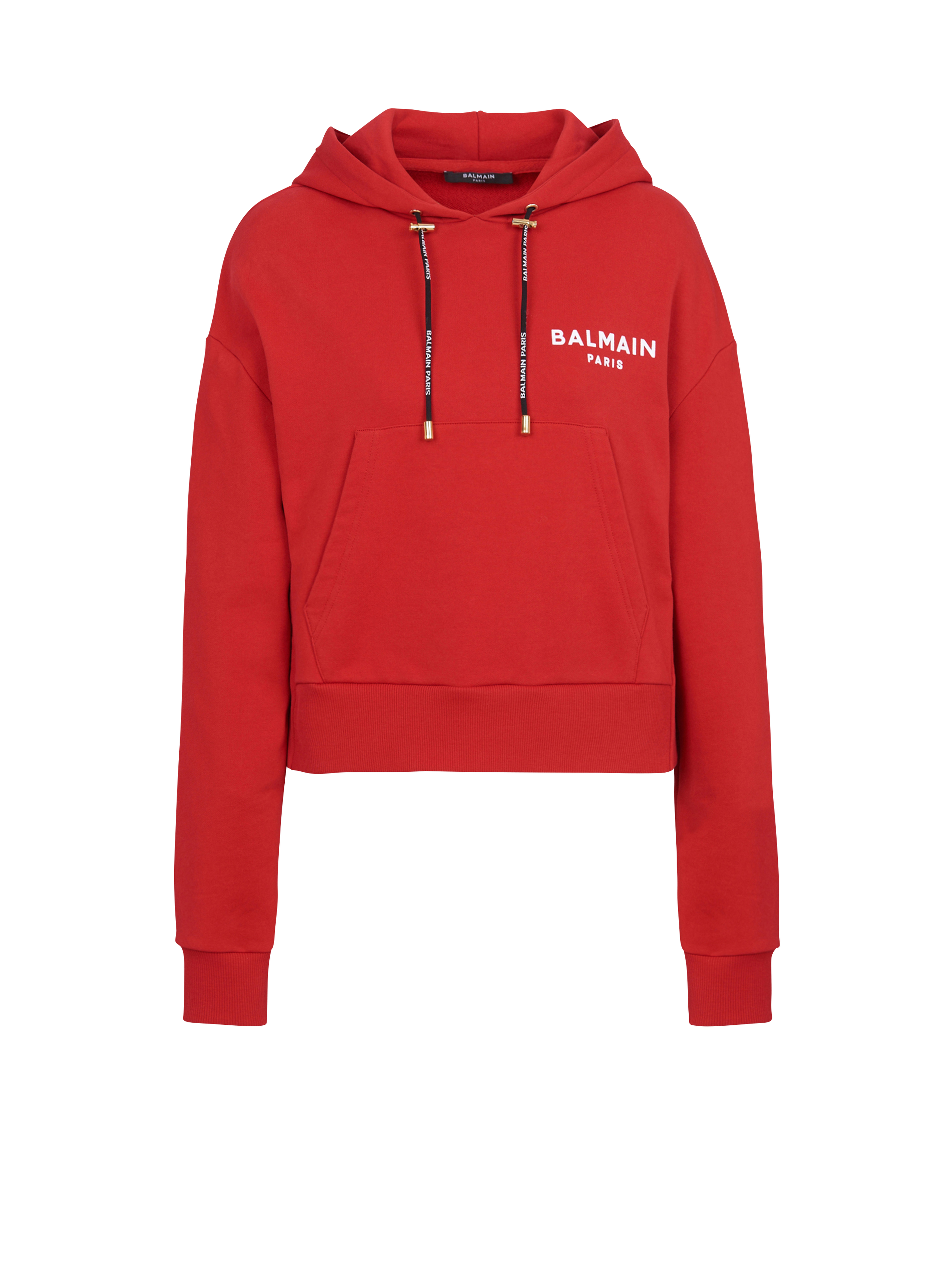 Sweat court éco-design en coton avec logo floqué Balmain, rouge