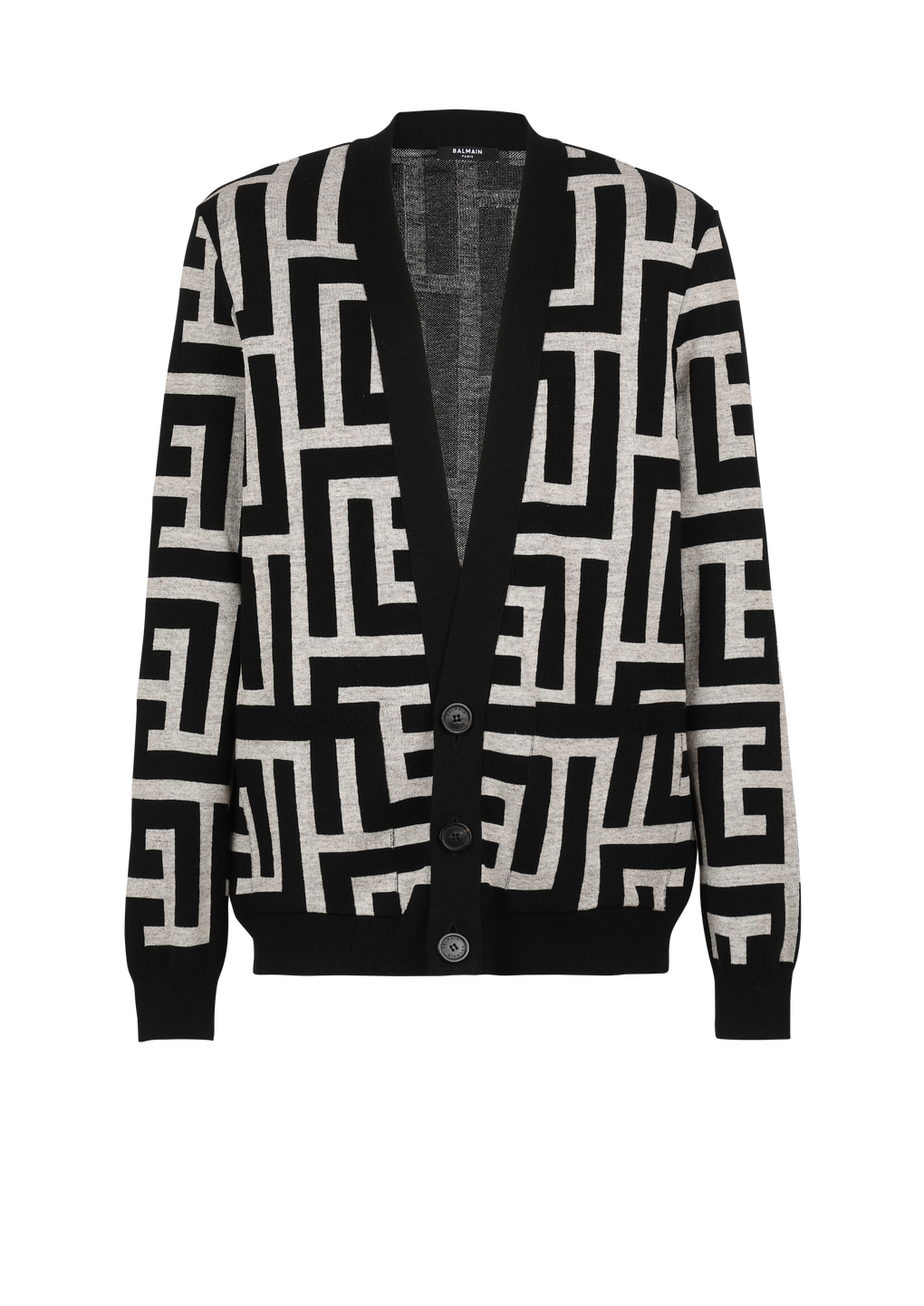 Cardigan oversize en laine à maxi monogramme Balmain, noir, hi-res