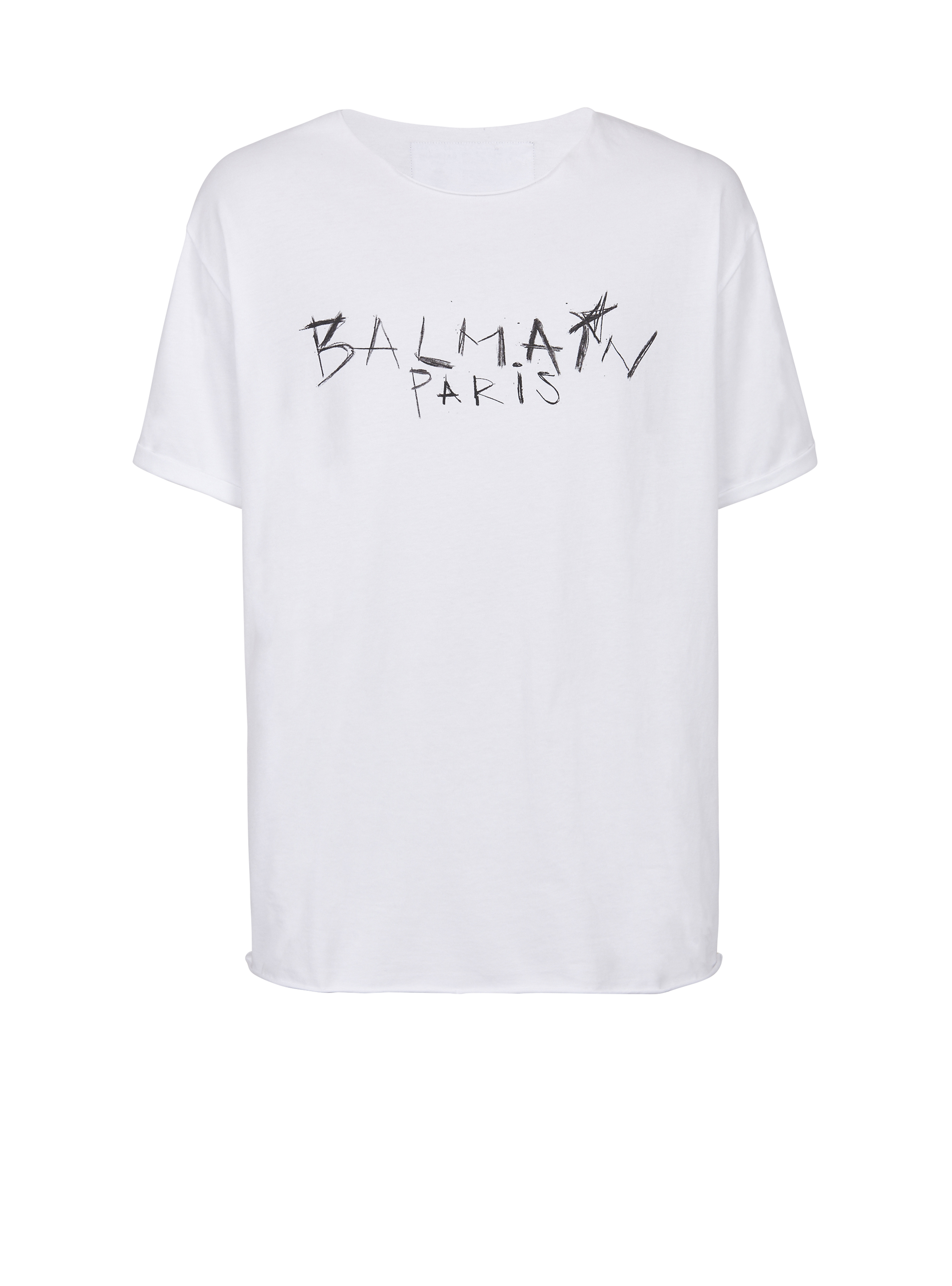 T-shirt en coton imprimé logo graffiti Balmain Paris, blanc