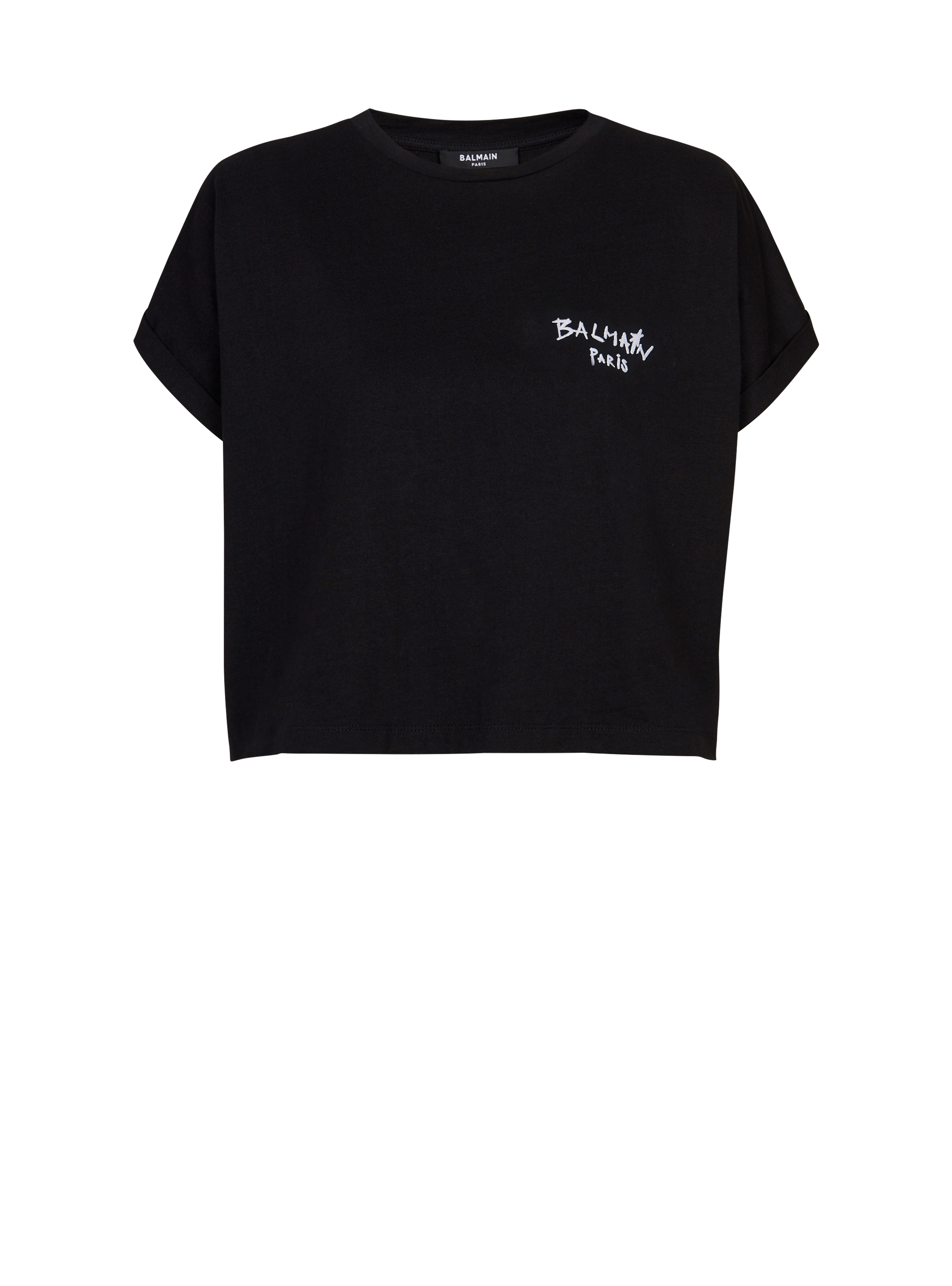 T-shirt court en coton floqué petit logo graffiti Balmain, noir