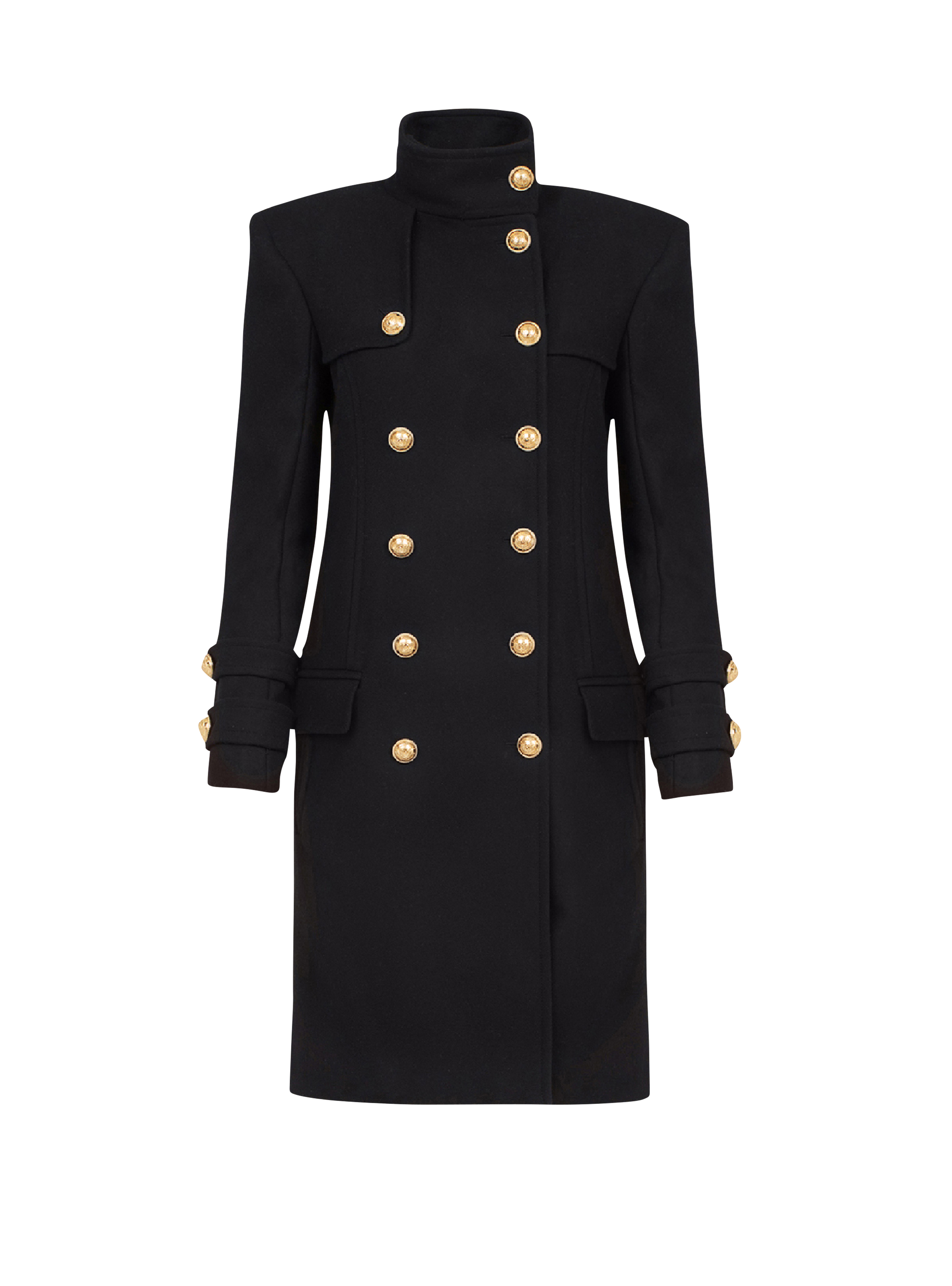 Manteau long en laine et cachemire à double boutonnage doré, noir
