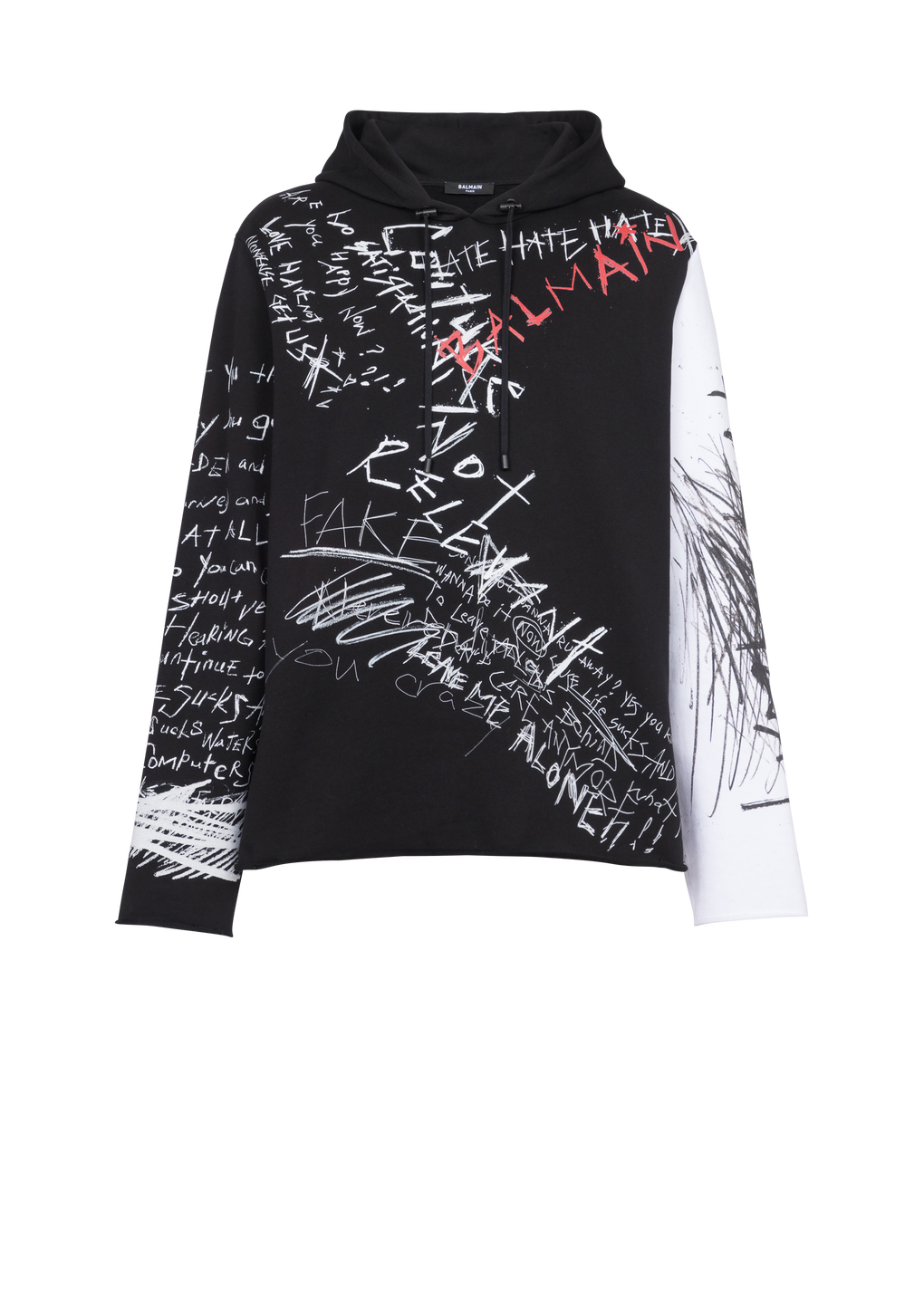 Sweat à capuche en coton imprimé logo graffiti Balmain, noir, hi-res